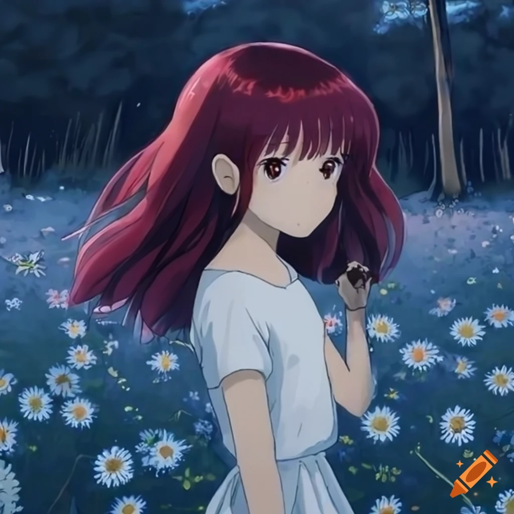 Studio Ghibli anime girl in a blue flower field with dark red hair and white dress