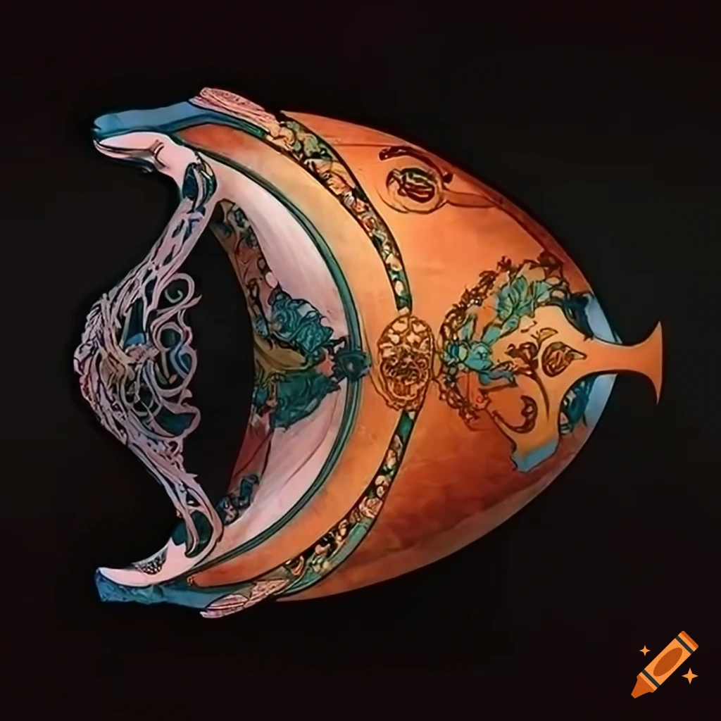 Intricate fish-shaped airship inspired by Alphonse Mucha's art style