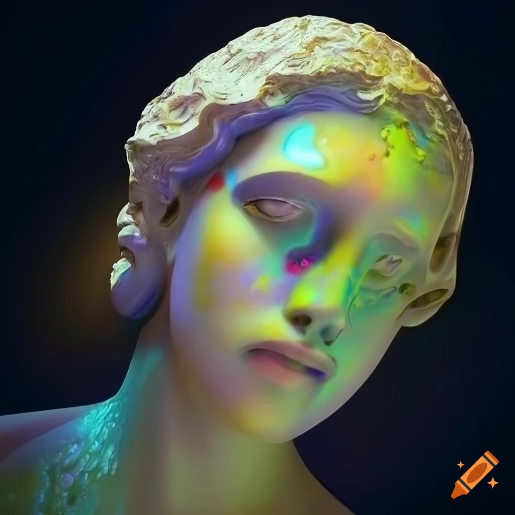 Sculpted marble figures with opalescent colors under cinematic lighting