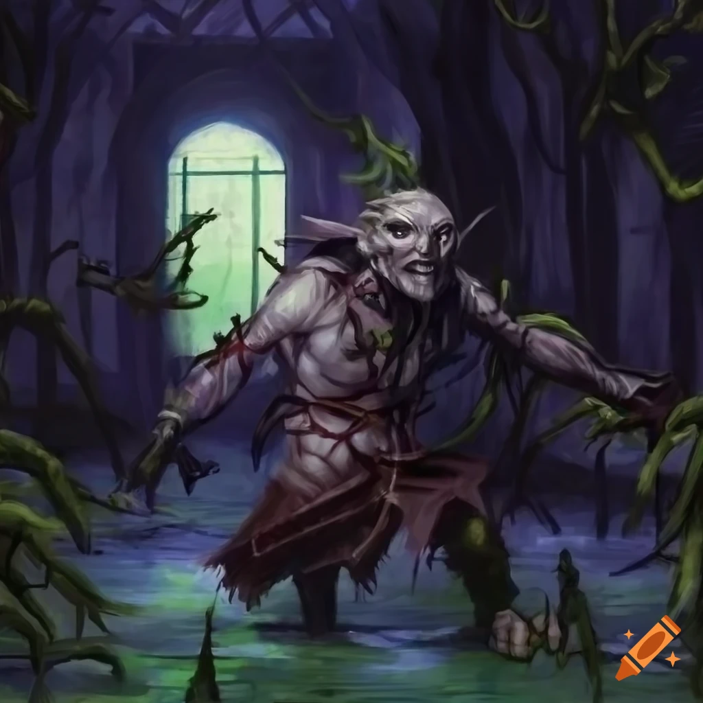Swamp dweller in a dungeon depicted in magic the gathering art style on Craiyon