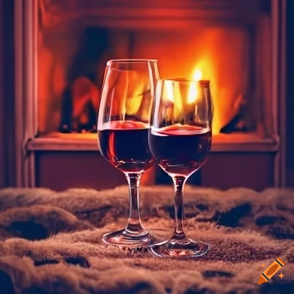 Wine glasses on bearskin rug by fireplace on Craiyon