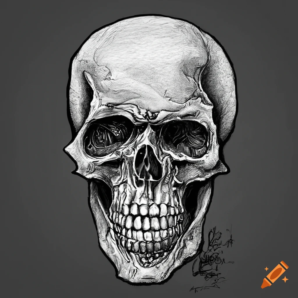 Skull drawn in black ink facing the camera
