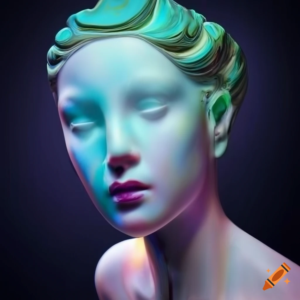 Sculpted marble figures with opalescent colors under cinematic lighting