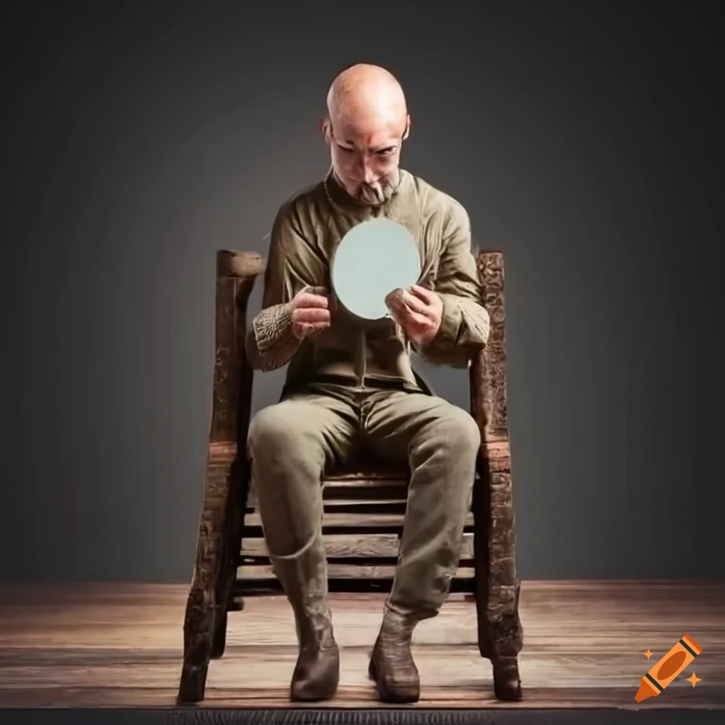 Man holding onto a huge coin on an old wooden chair