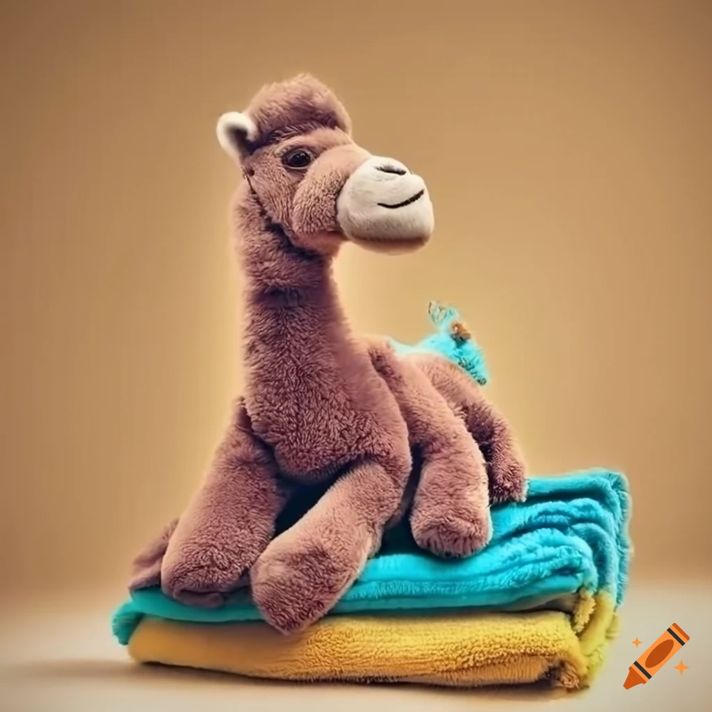 Camel plushie on colorful towels