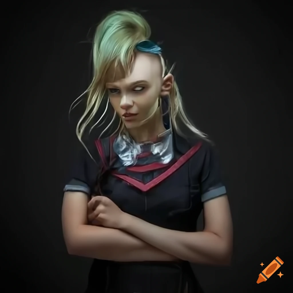 Cyberpunk orc female with blonde hair in a school uniform