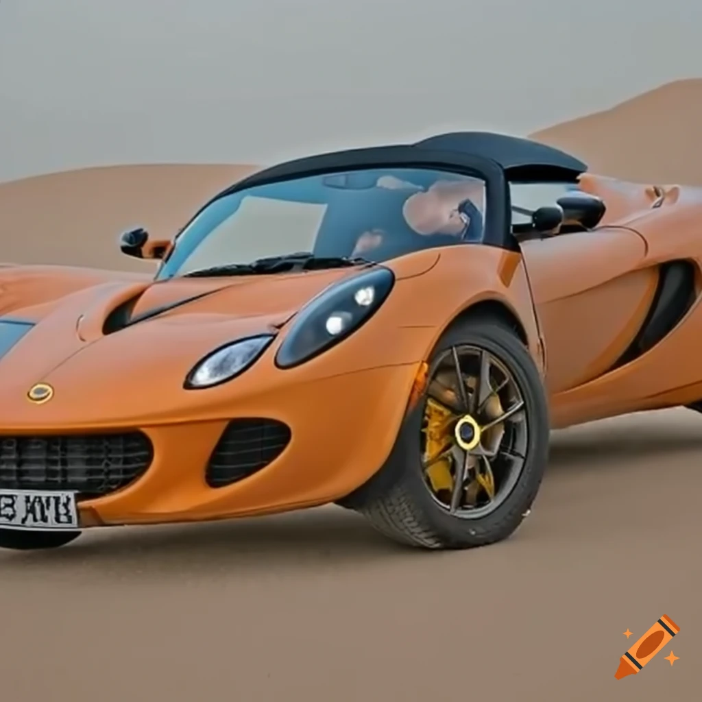 Orange lotus elise off-road driving in a desert on Craiyon