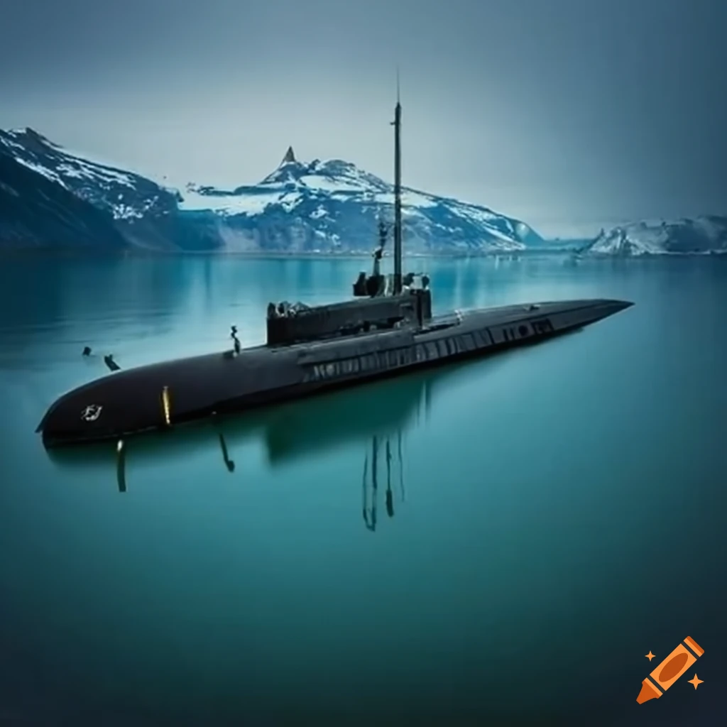 Soviet submarine in fjord waters near snow-capped mountains