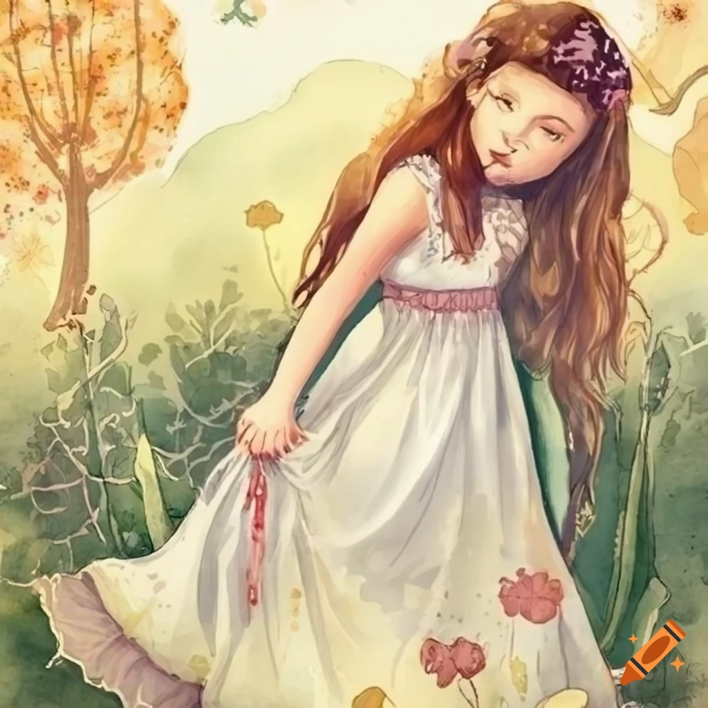 Watercolor illustration of a cottagecore girl in a storybook style fullbody shot