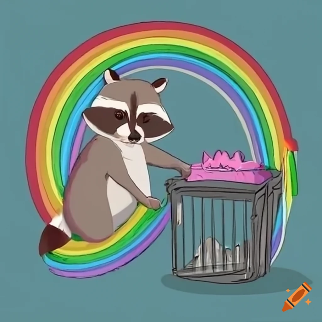 Cute raccoon foraging in a trash can with rainbow