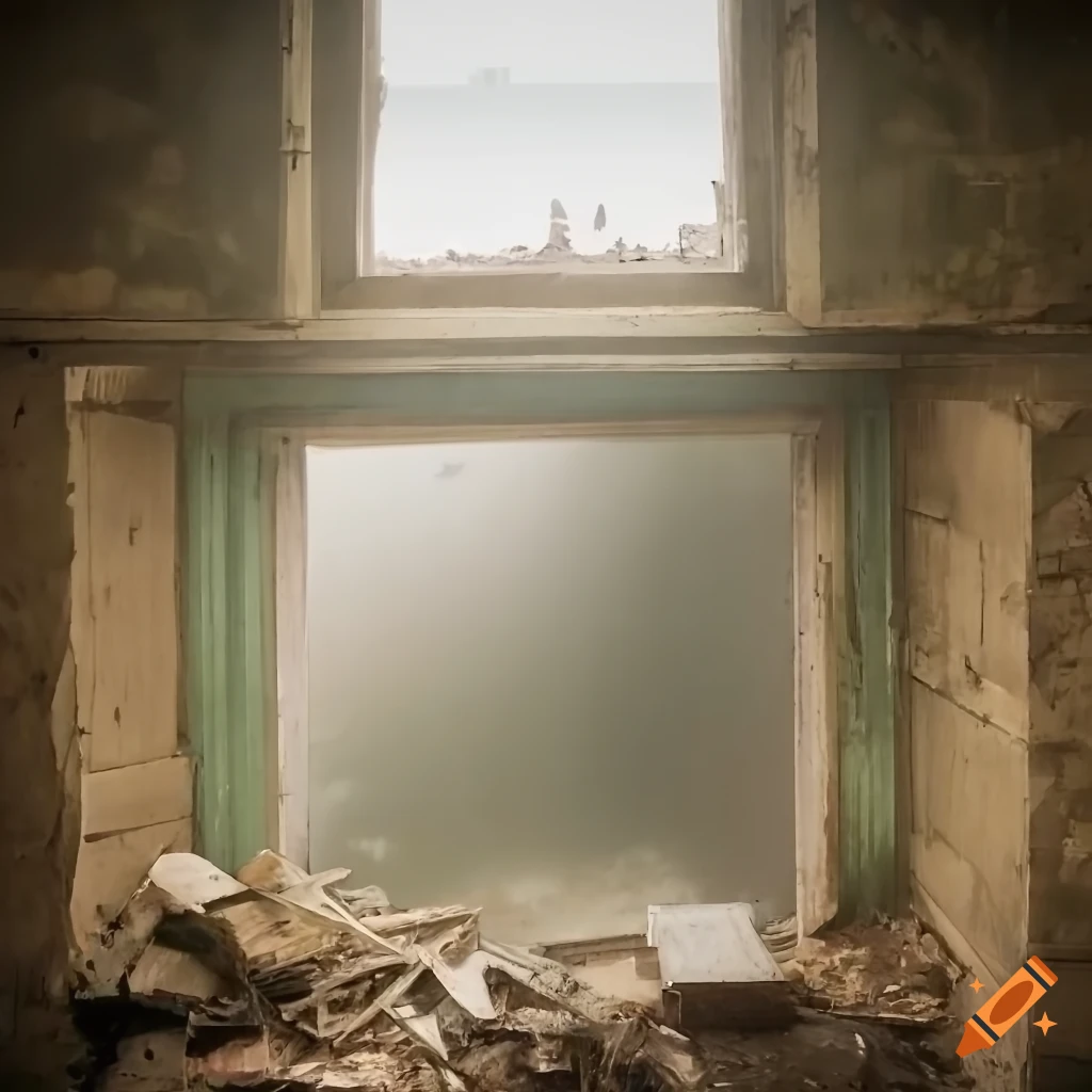 Detailed abandoned foggy attic with brick fireplace and ocean view through tall windows