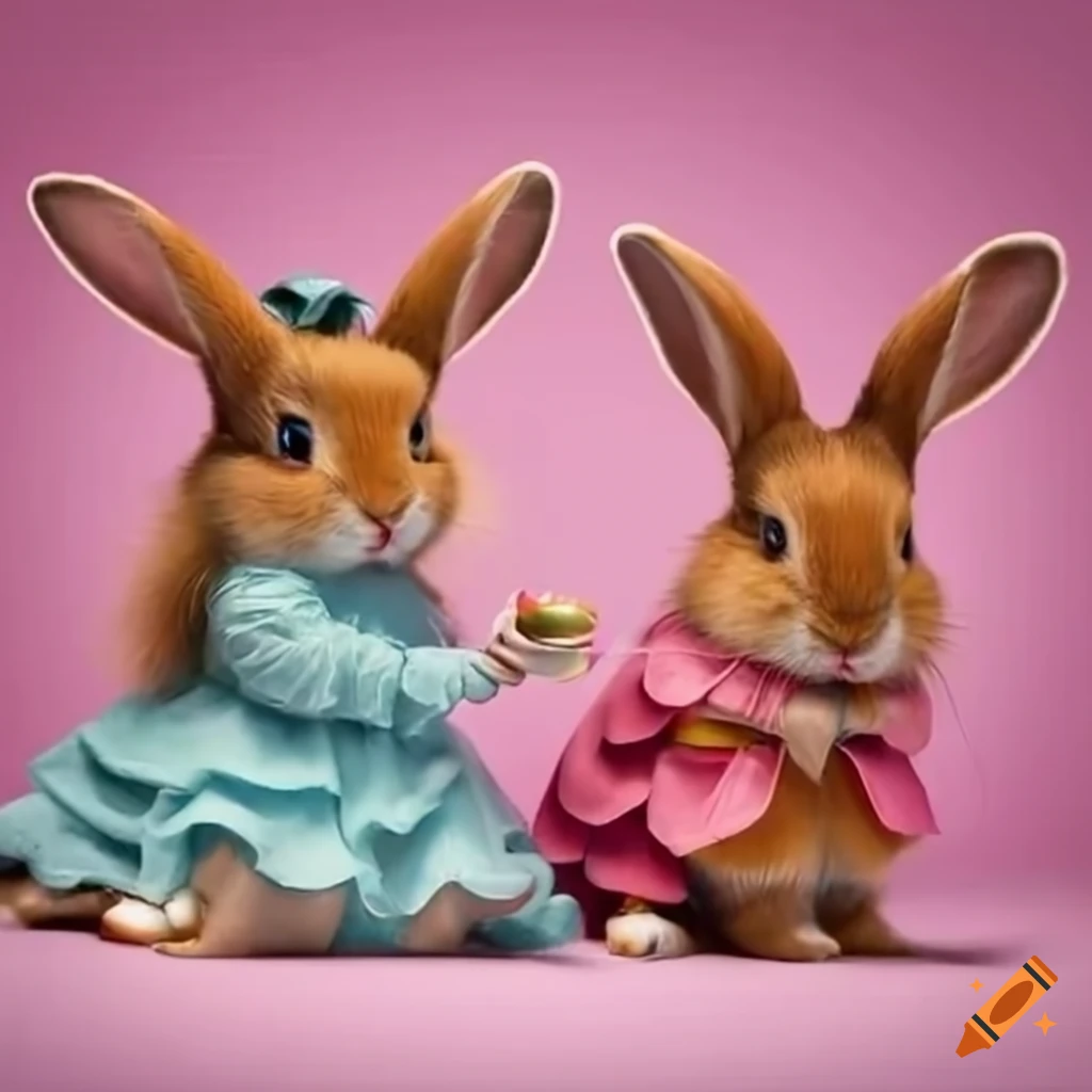 Three rabbits in dresses having a tea party