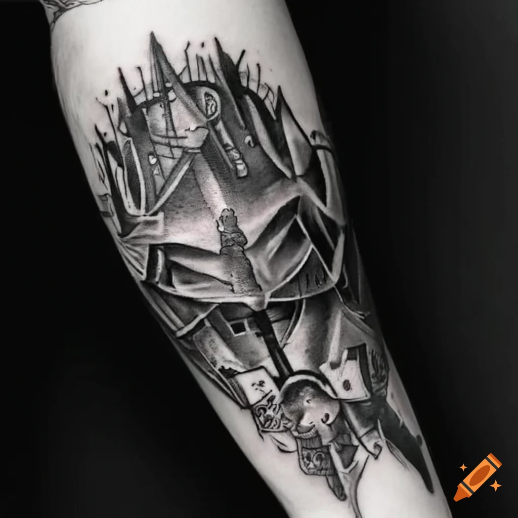 Black and white medieval themed forearm tattoo on Craiyon