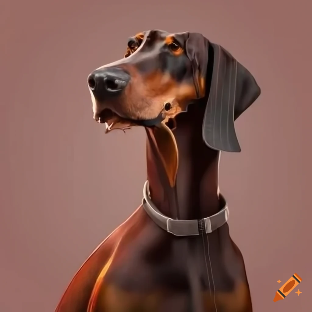 Beautiful violinist with a brown doberman head playing a violin