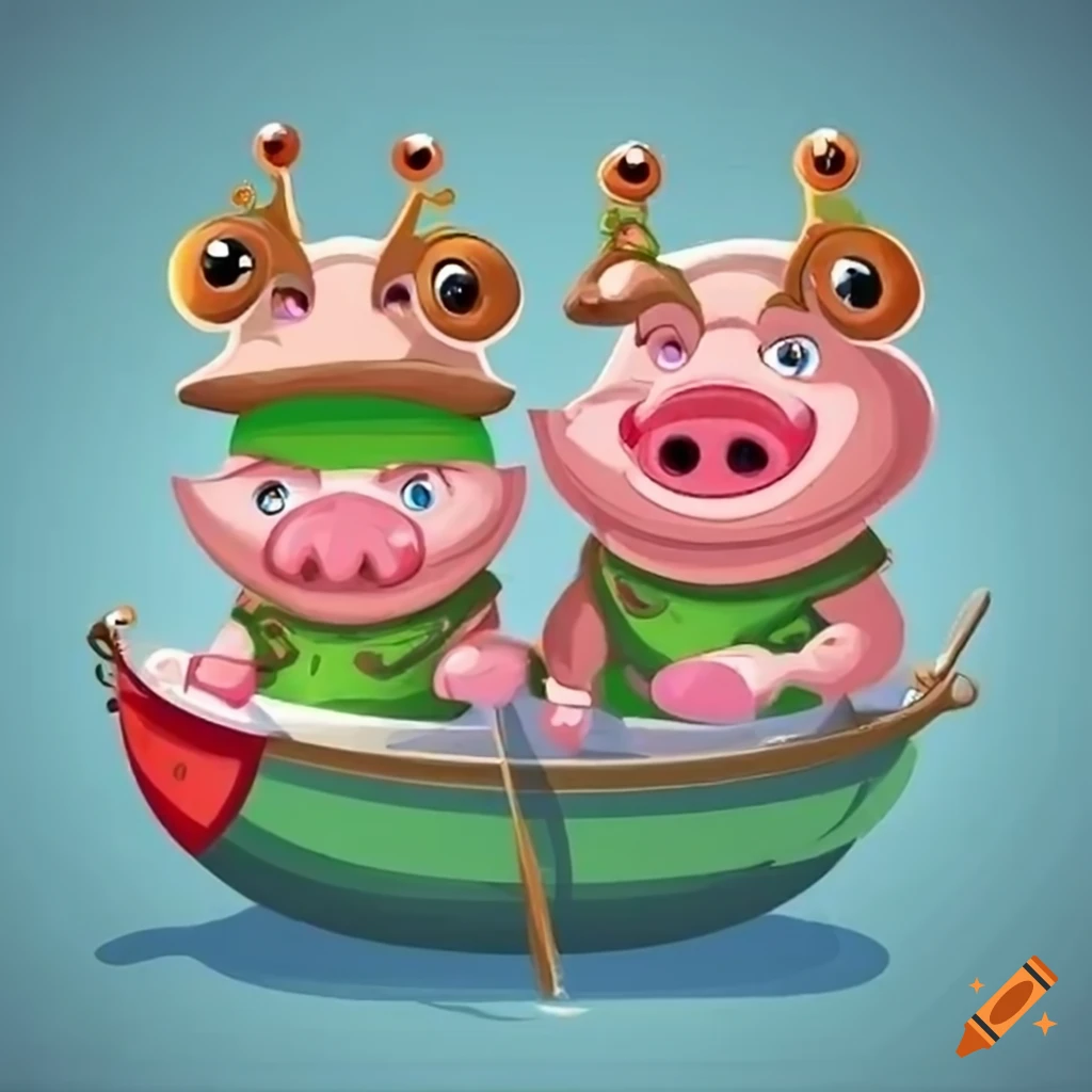 Adorable cartoon pigs fishing in frog hats on Craiyon