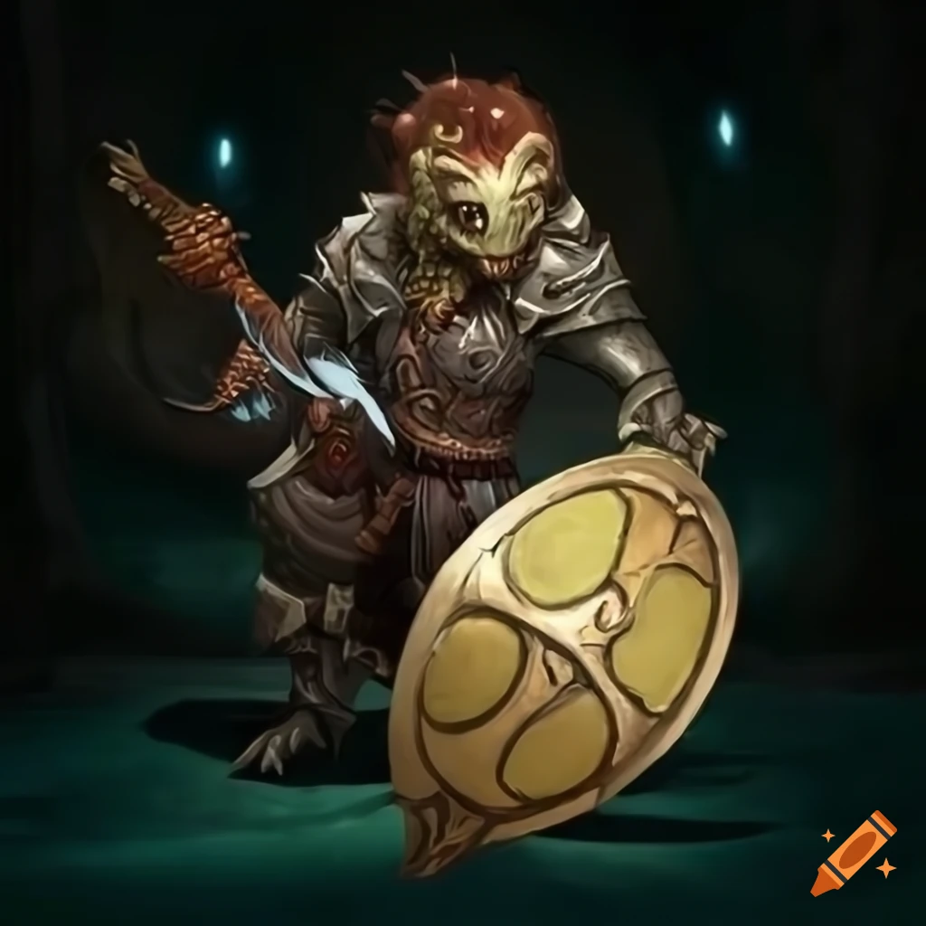 RPG character trog lizard with shiny shield and scimitar
