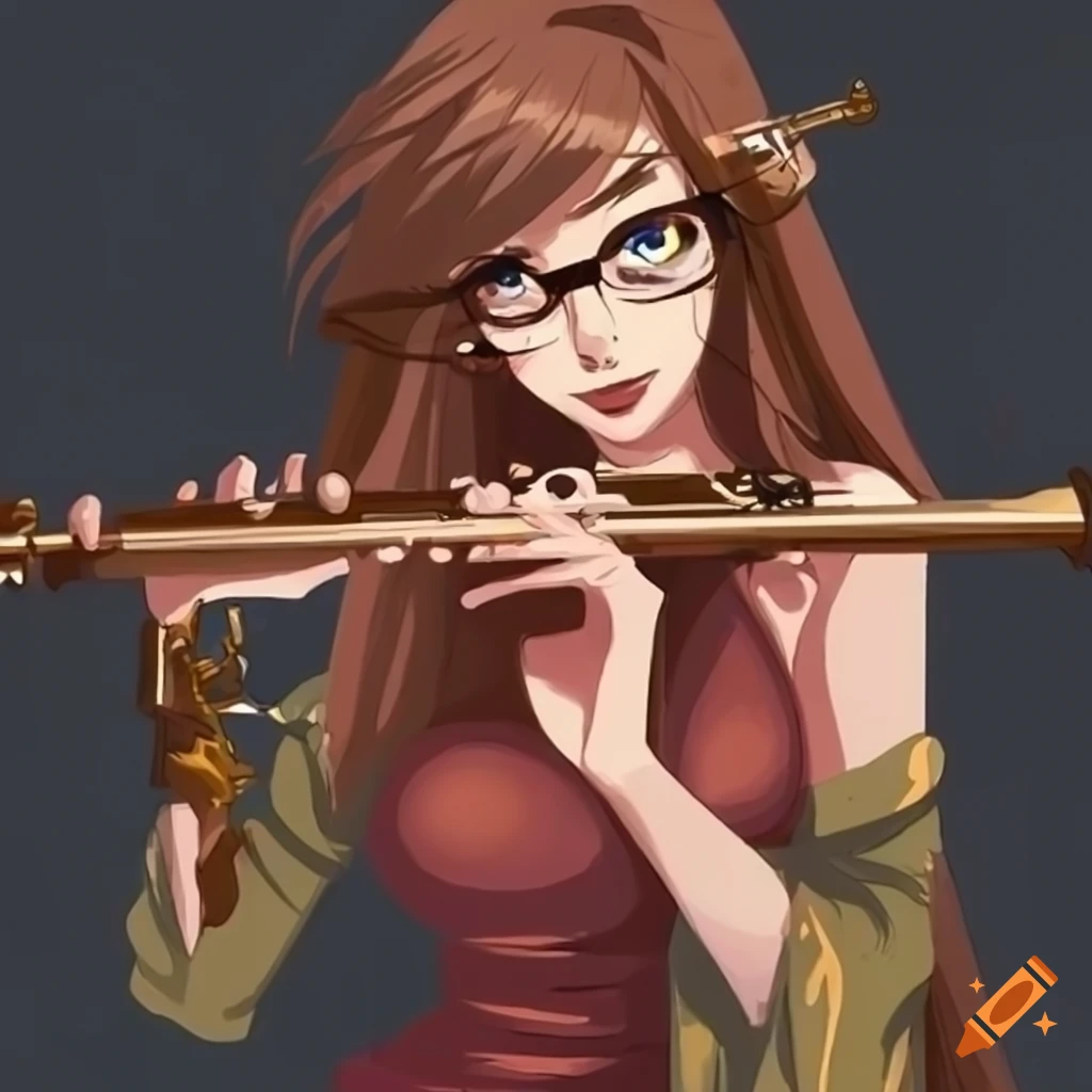 Female bard playing the flute with brown hair and glasses