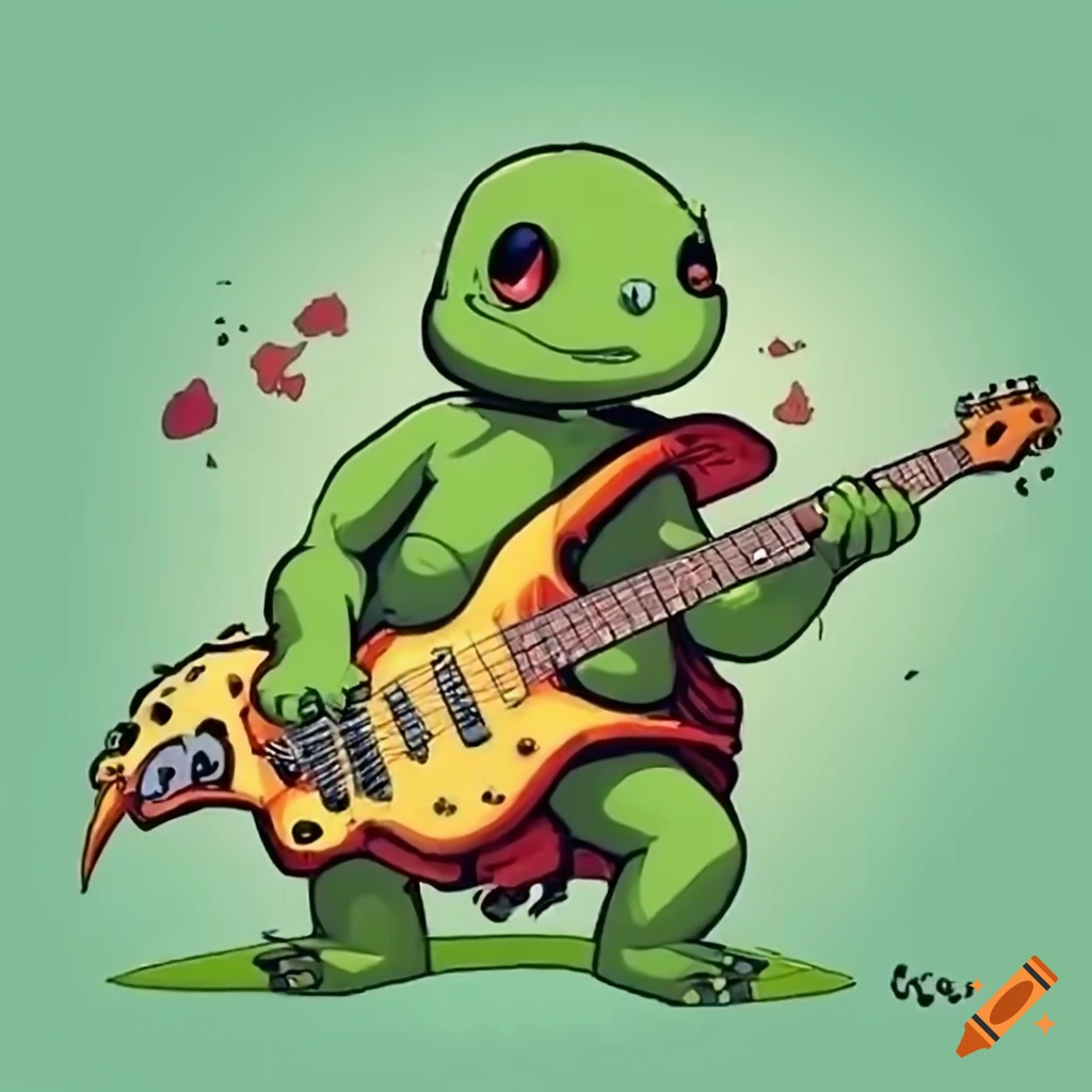 Manga turtle playing bass guitar