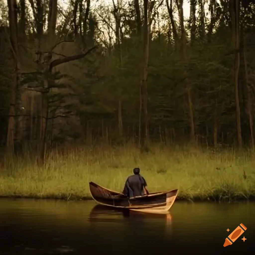 Native American canoe sailing on a river towards a forested marshland village at dawn