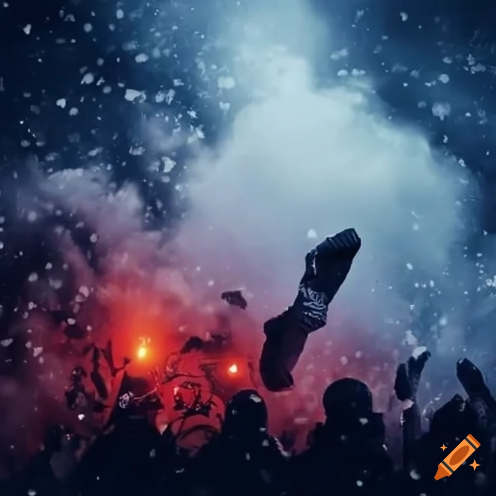 Passionate soccer ultras in a winter setting