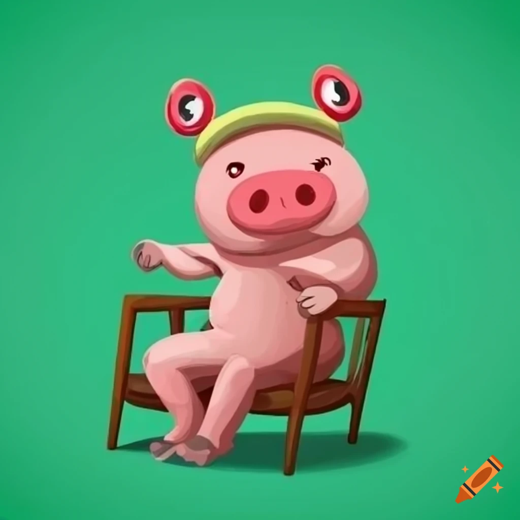 Cartoon pig in a frog hat sitting on a chair