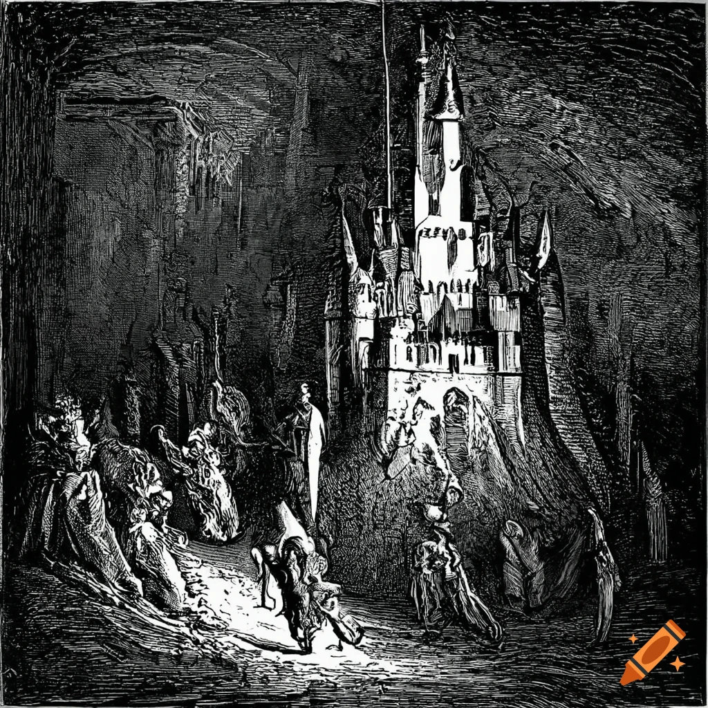 Dracula in his castle depicted in the style of Gustave Doré on Craiyon