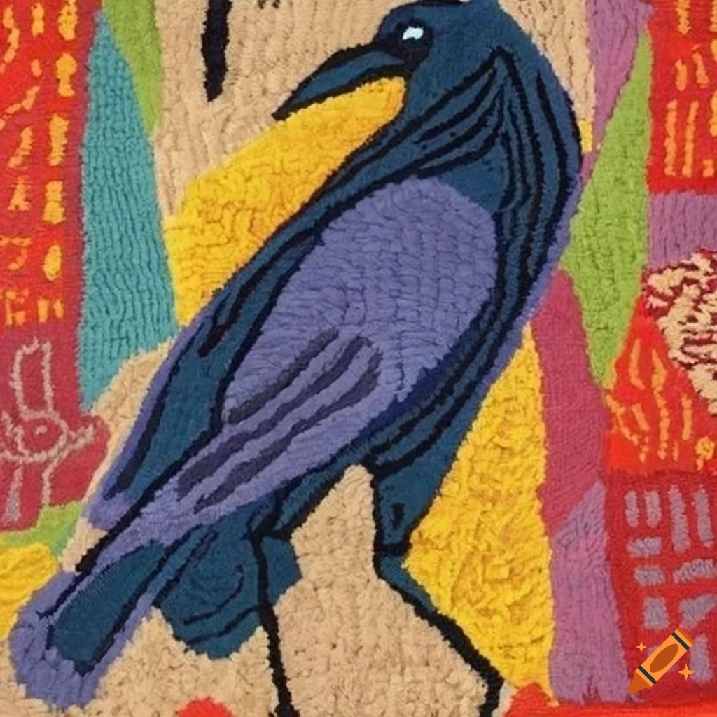Walking crow in picasso style hooked rug design on Craiyon