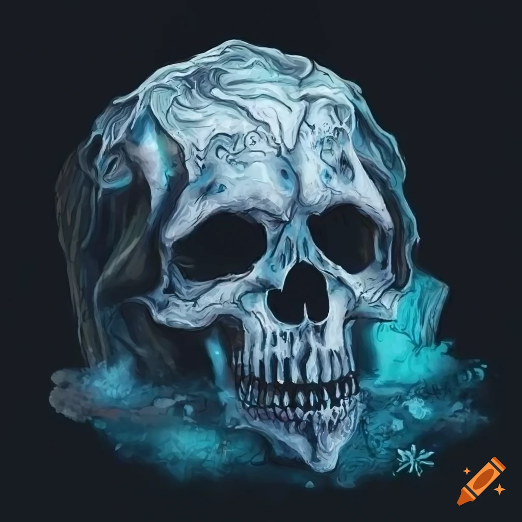 Ice skull shrine in frozen tundra under aurora borealis