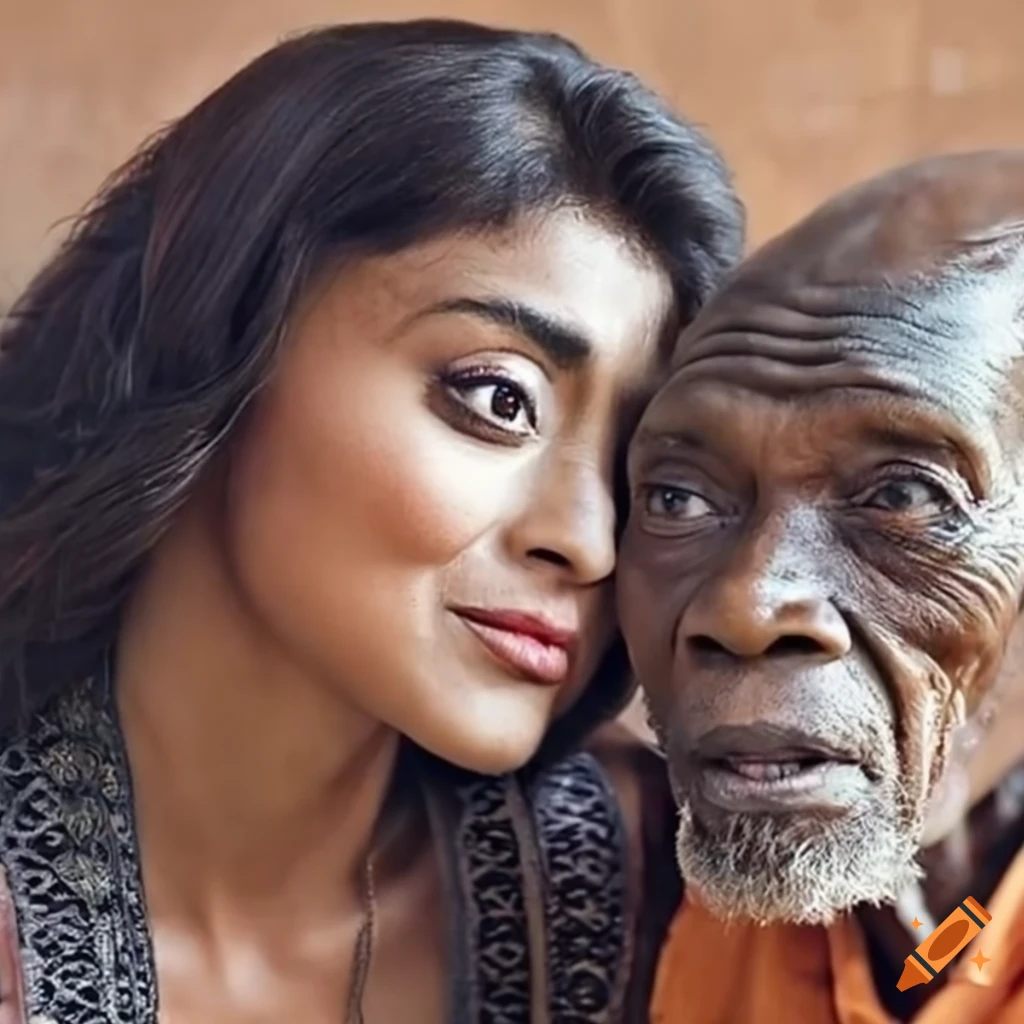 Actress Shriya Saran conversing with an elderly Ugandan man