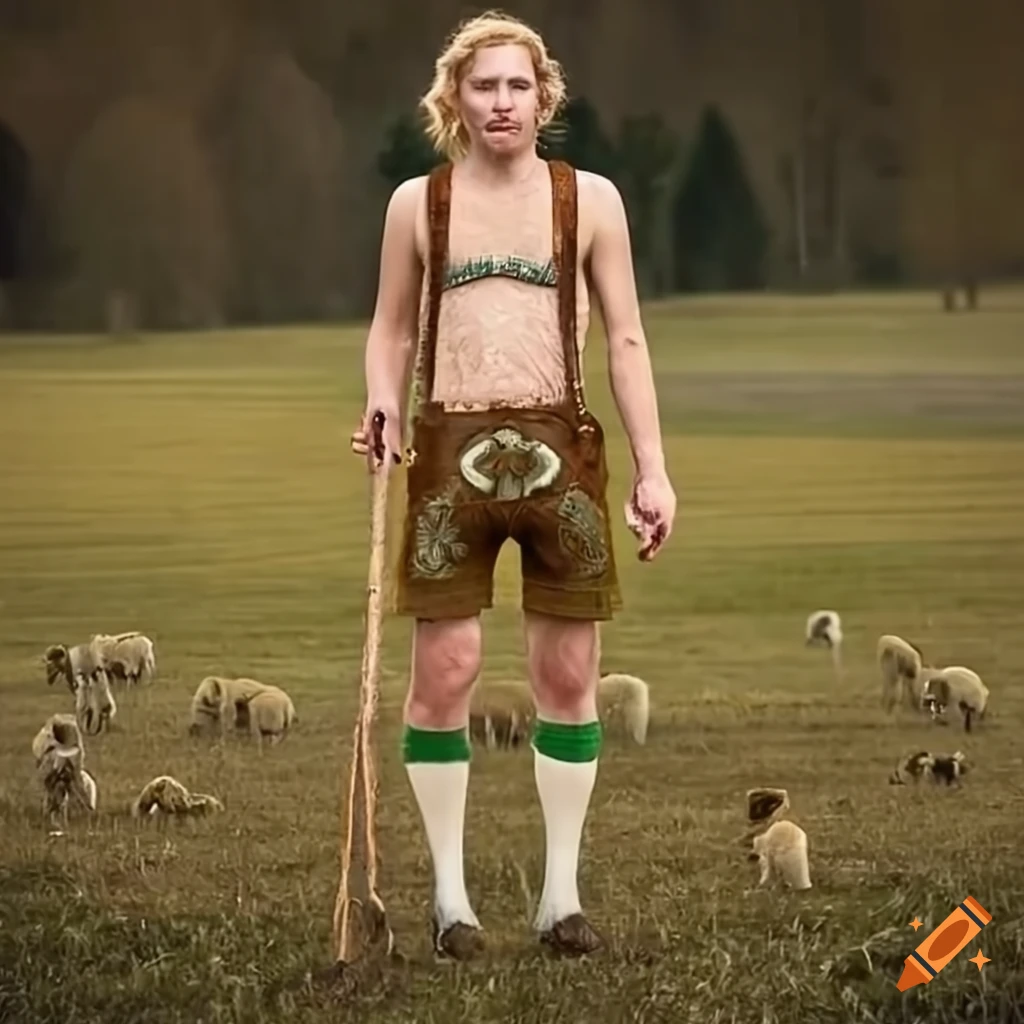 Blond man in lederhosen with sheep in a field