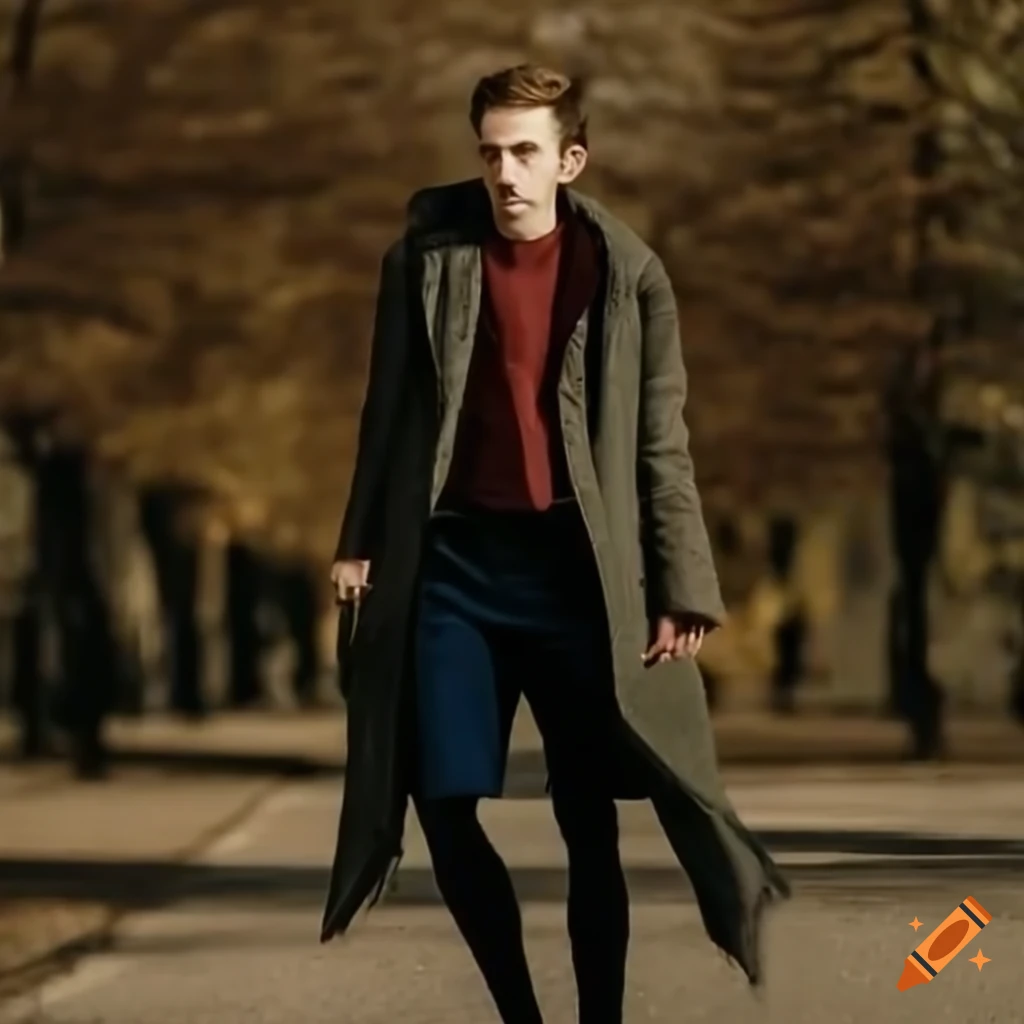 Mustached man gracefully skating in a serene park