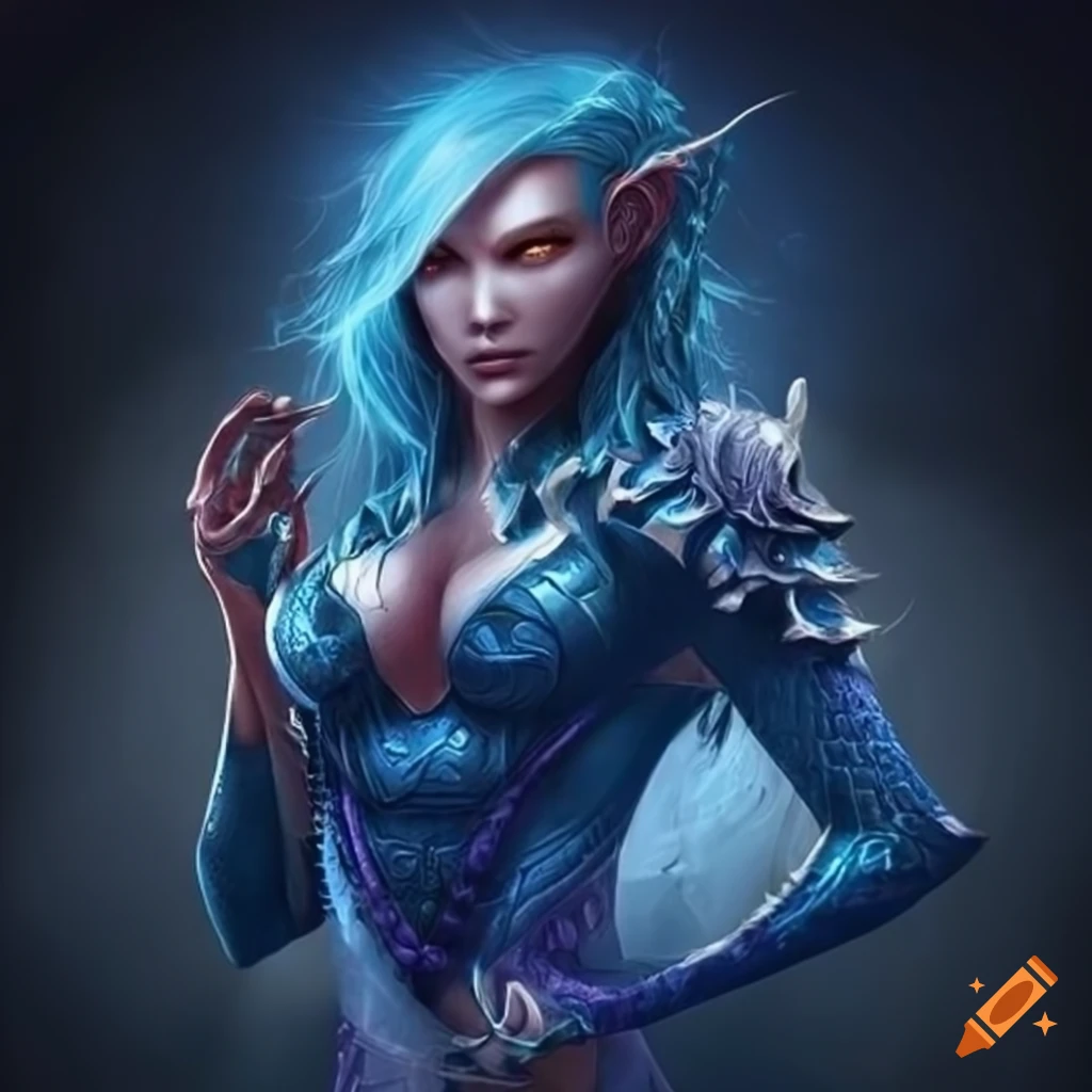 Dragonborn woman with blue dragon scales and elegant features