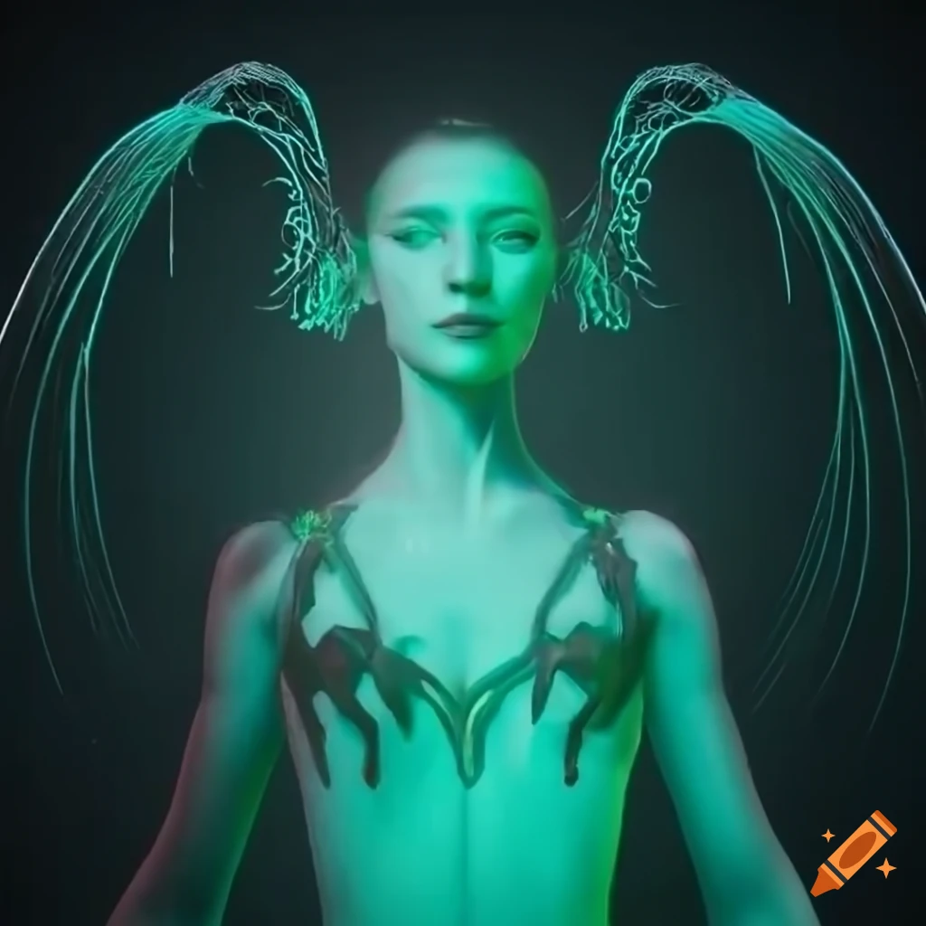 Artistic representation of a ballerina dancing in a veil and hat amidst futuristic green colors