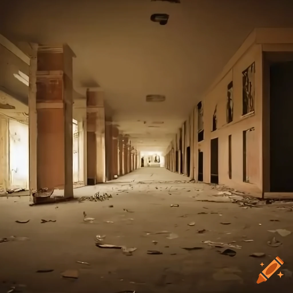 Colossal abandoned 1970's high-rise lobby with many doors and broken ...