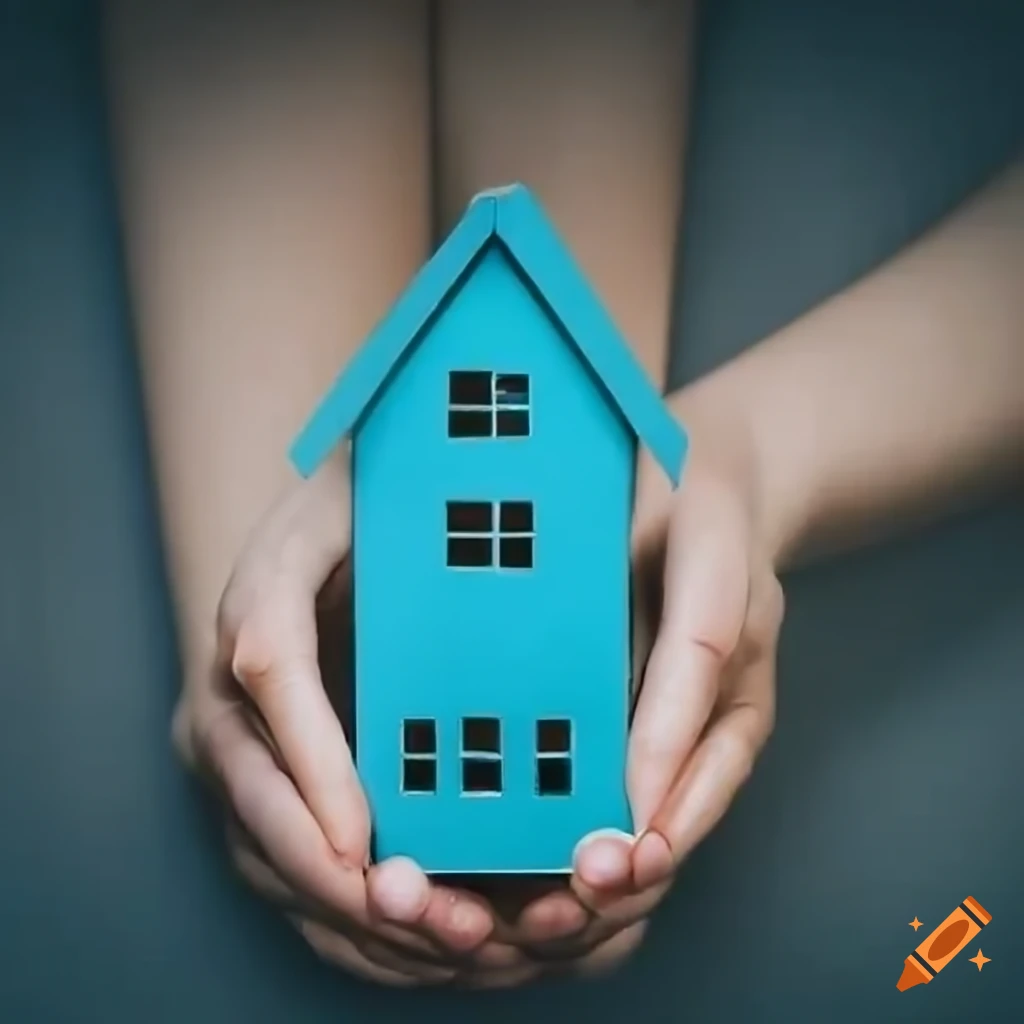 Hands holding a small blue paper house