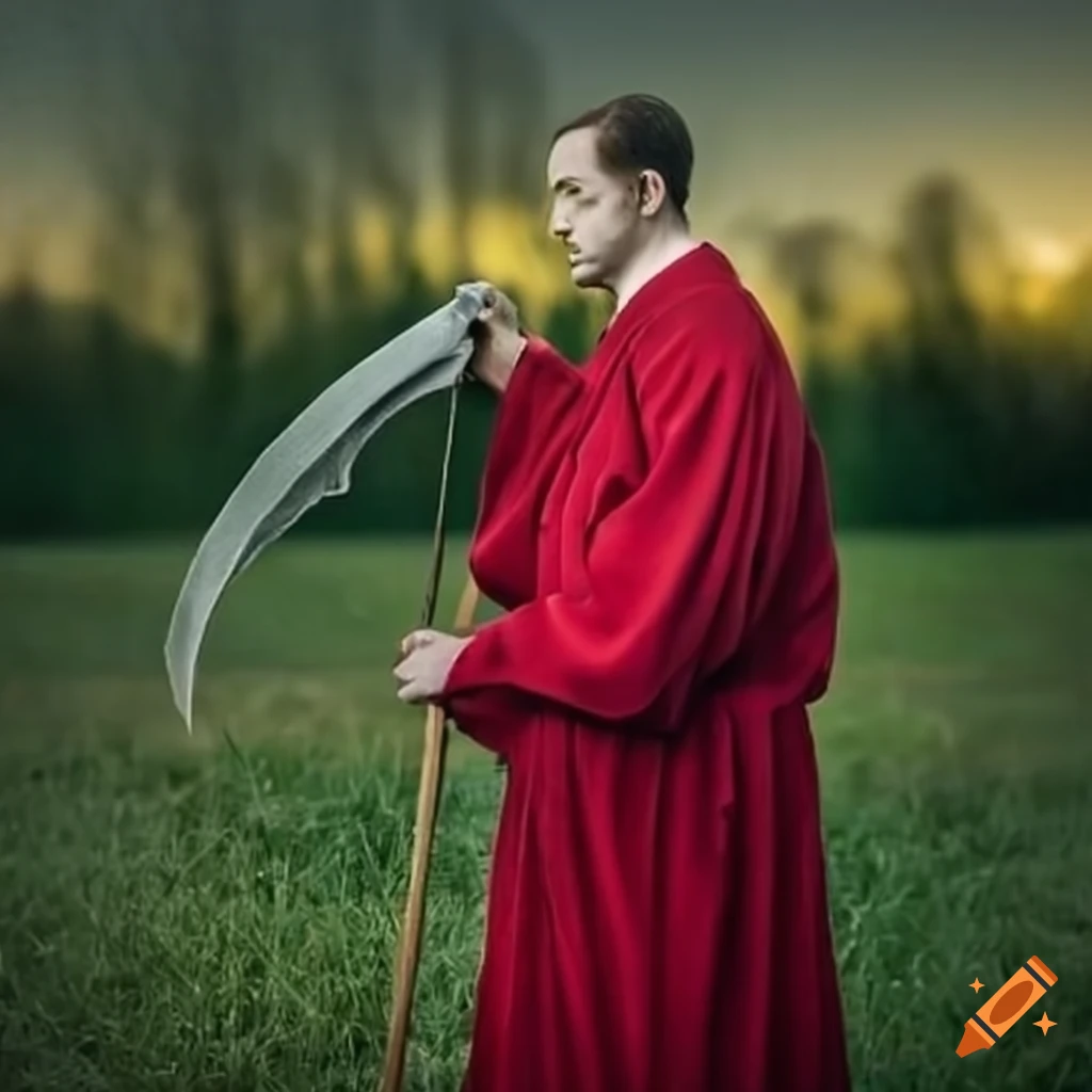 Judge in red robe with scythe cutting grass on Craiyon