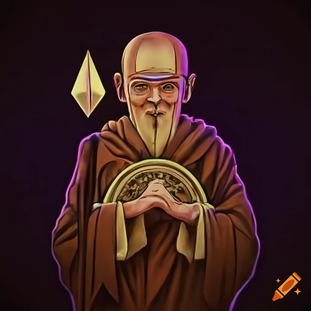 Monks holding staffs adorned with Bitcoin and Ethereum logos in digital art  on Craiyon