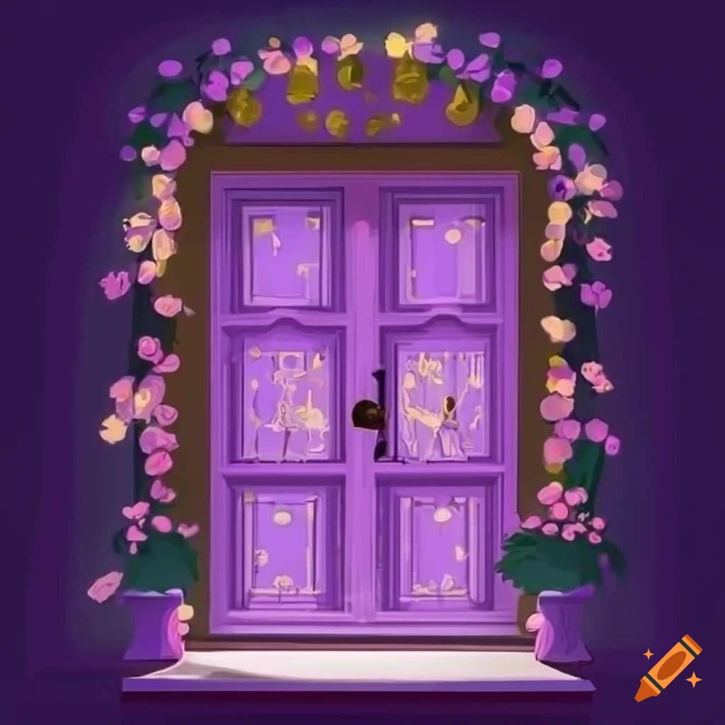Lilac store facade adorned with flowers and mystical lights