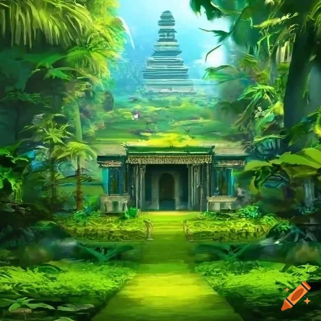 Green South American jungle with a temple in high resolution fantasy art