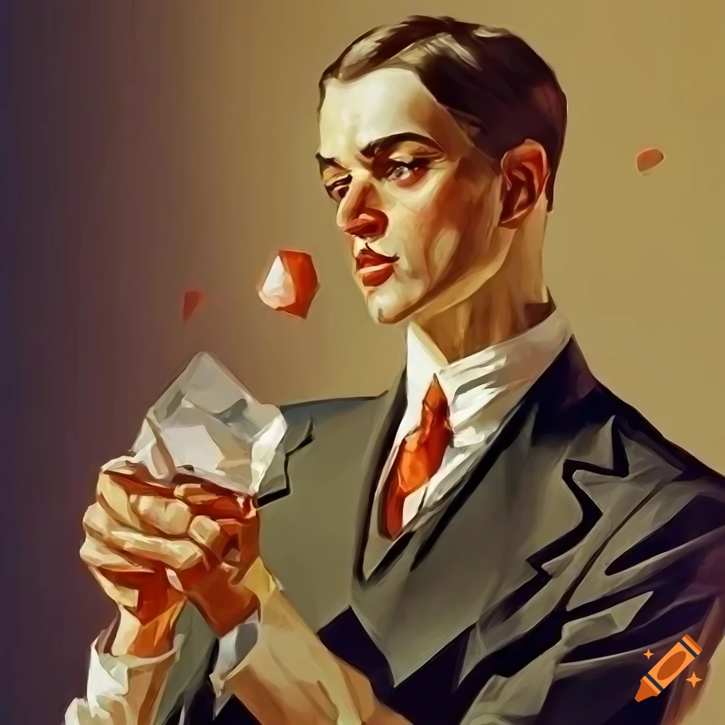 Sci-fi art of chemist with dark brown hair investigating a crystal