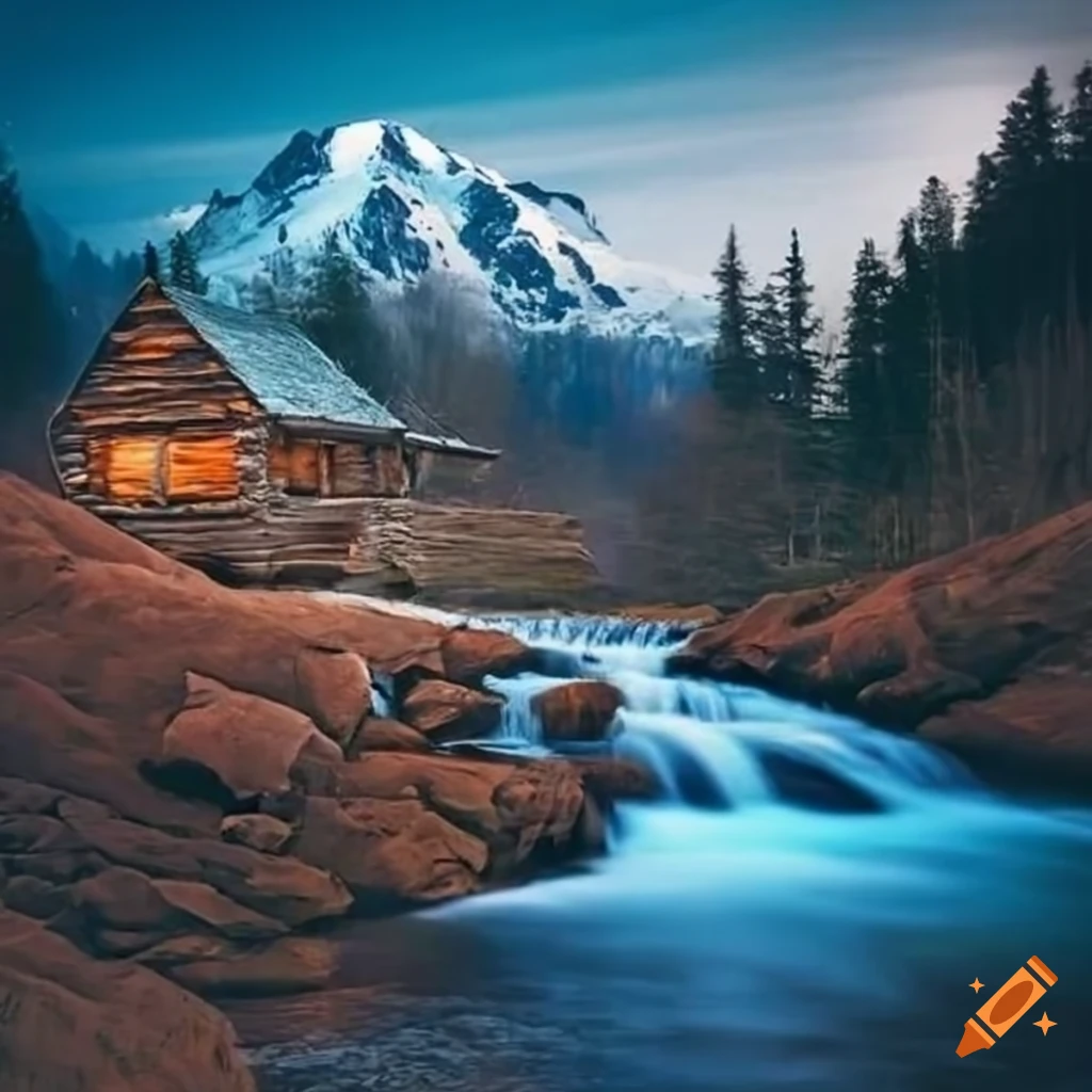Snow capped mountains with a stream flowing by a rustic log cabin on ...