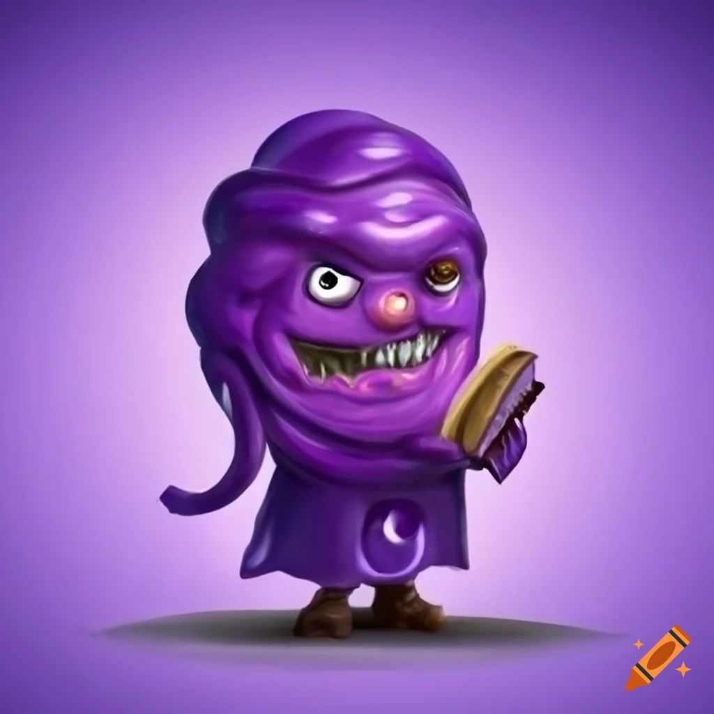 Gelatinous ooze d&d purple wizard holding tiny magic book on Craiyon