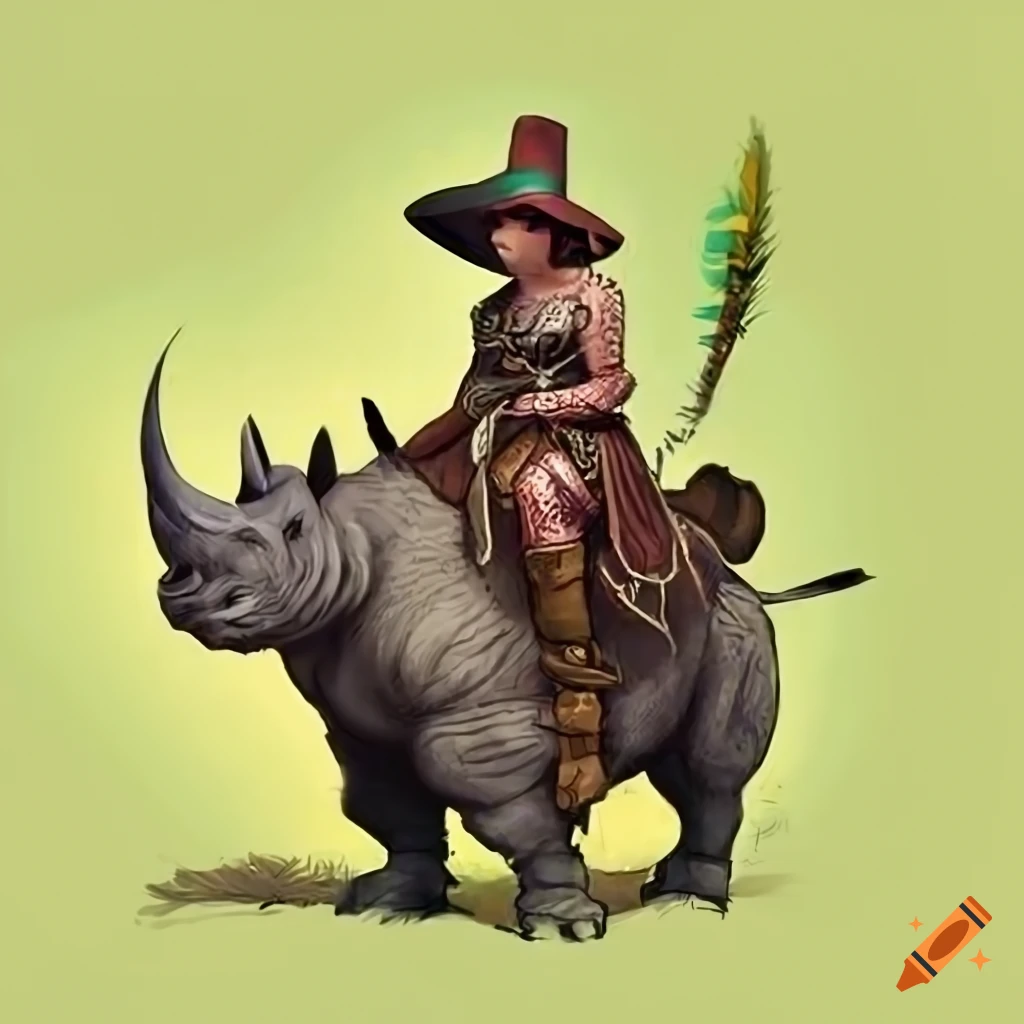 Mosqueteer riding a hairy rhino with feather in hat on Craiyon