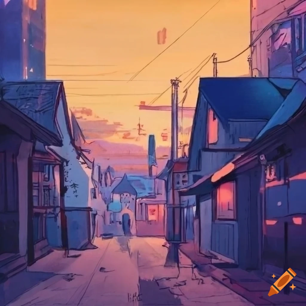Evening town view in ukiyoe style