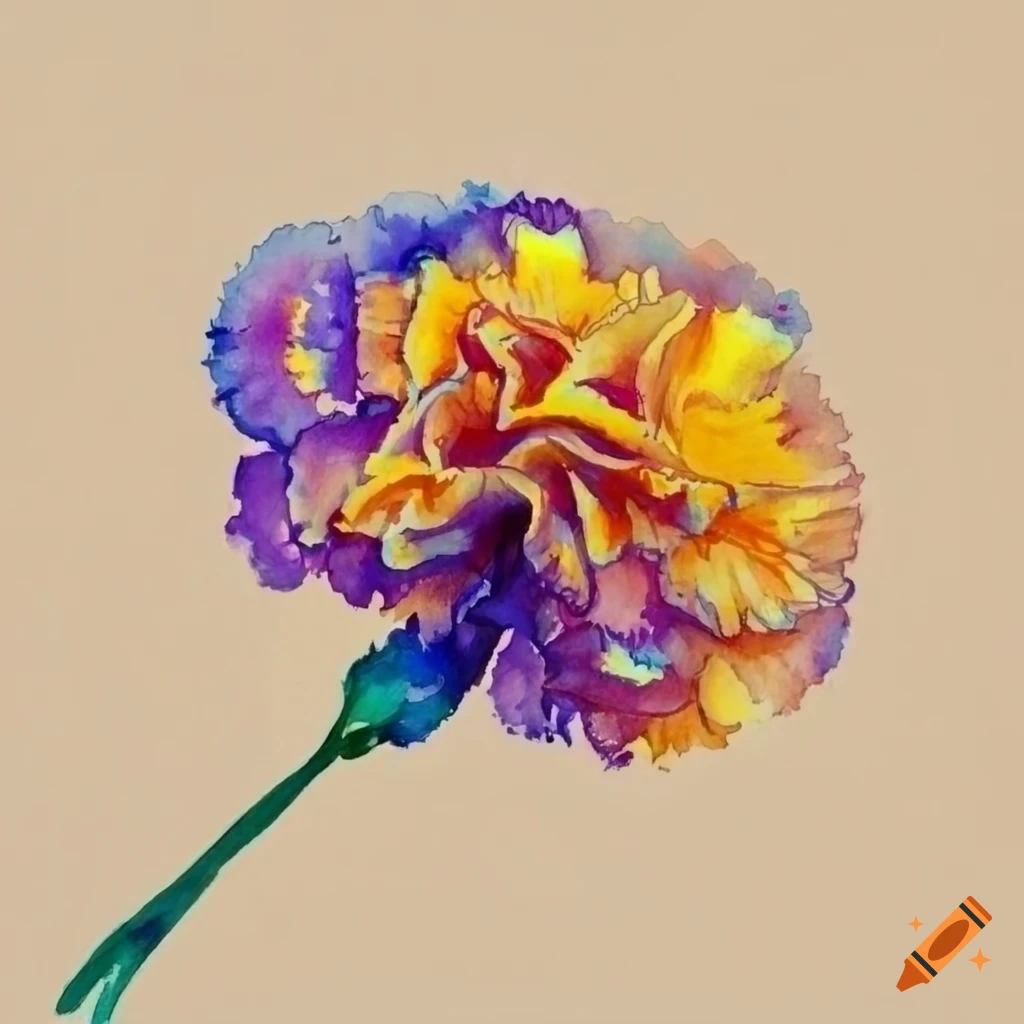 Soft watercolor and line art of a single carnation in blues, yellow, and purple