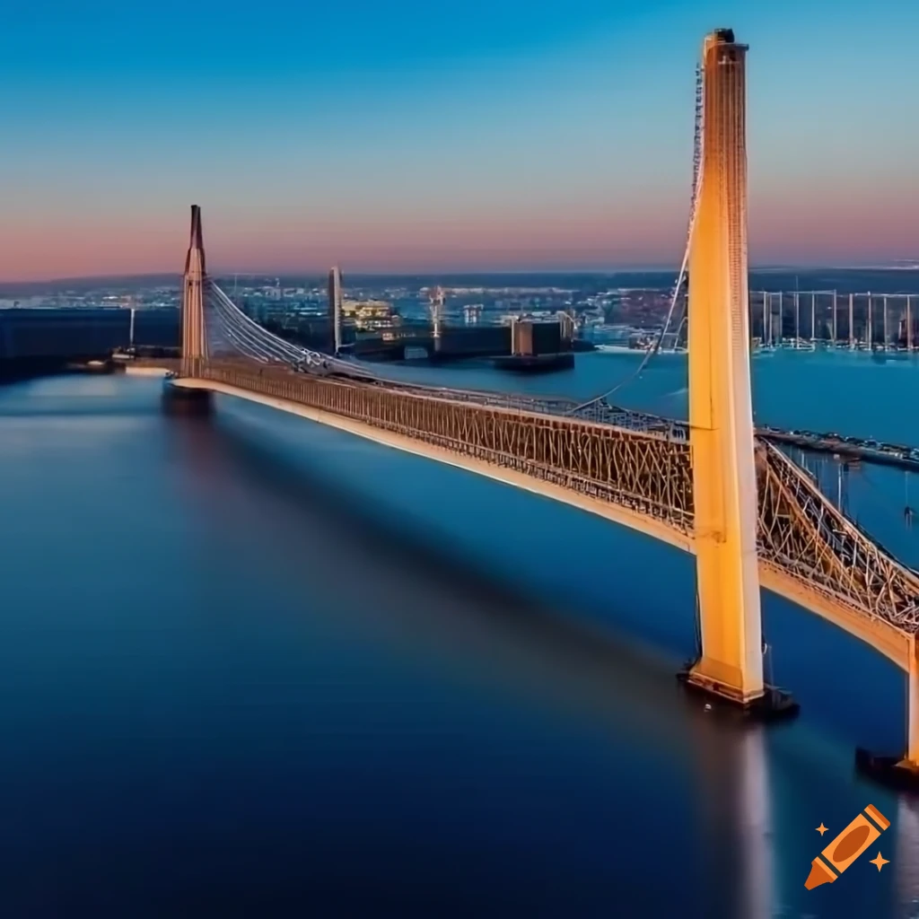 Aerial view of a large cable-stayed bridge with a boat passing under
