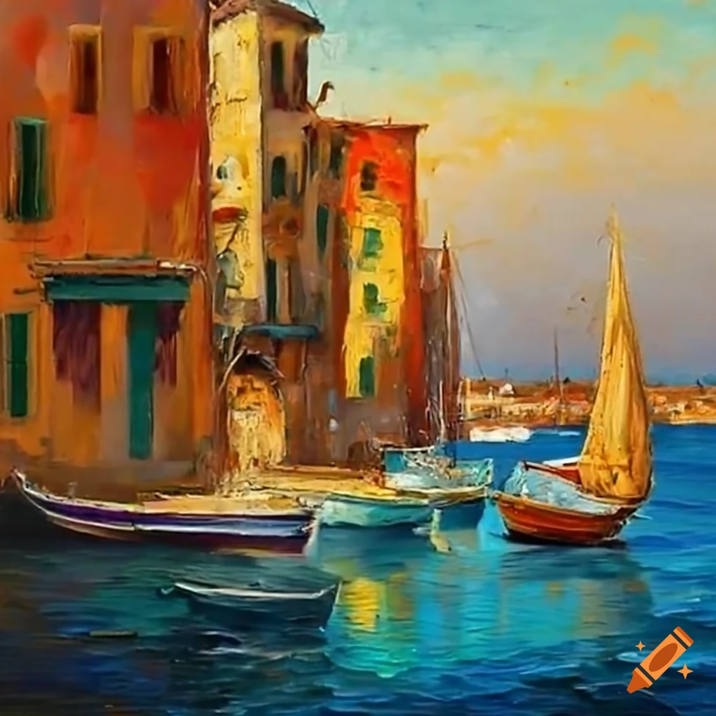 Ancient Mediterranean port with a small sailboat and a sailor