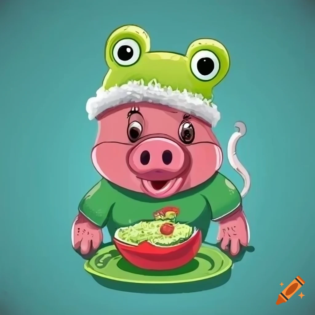Adorable cartoon pig in frog hat enjoying a healthy salad