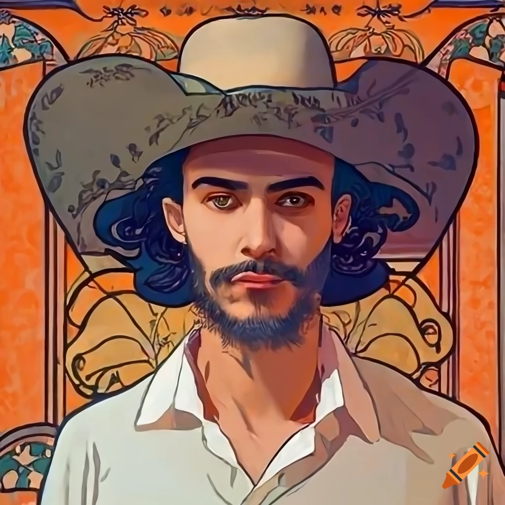 Portrait of a handsome Spanish man in white shirt and cowboy hat in Art Nouveau style by Alphonse