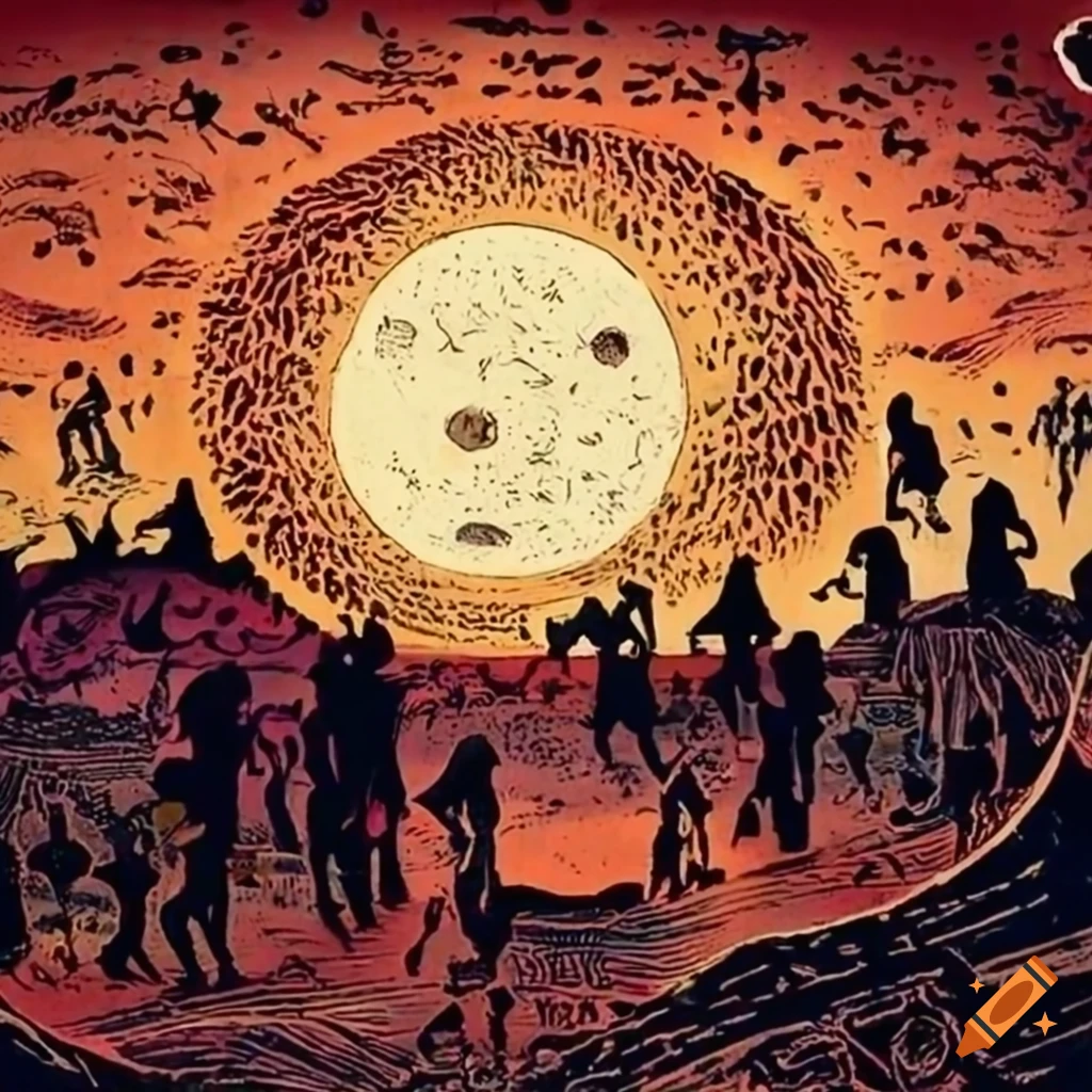 Weird festival under moonlight in a woodcut ink style